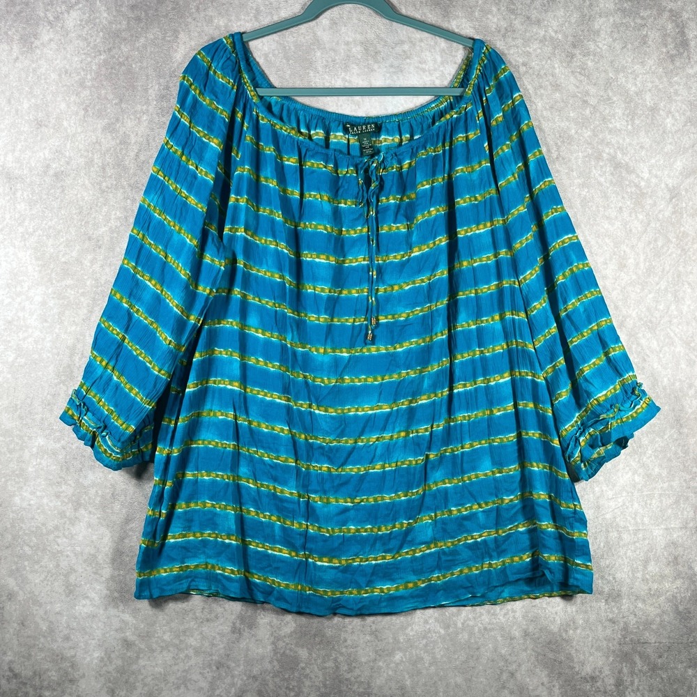 Lauren Ralph Lauren Top Womens Size 1X Blue Green Striped Half Sleeve Flowy Boho
